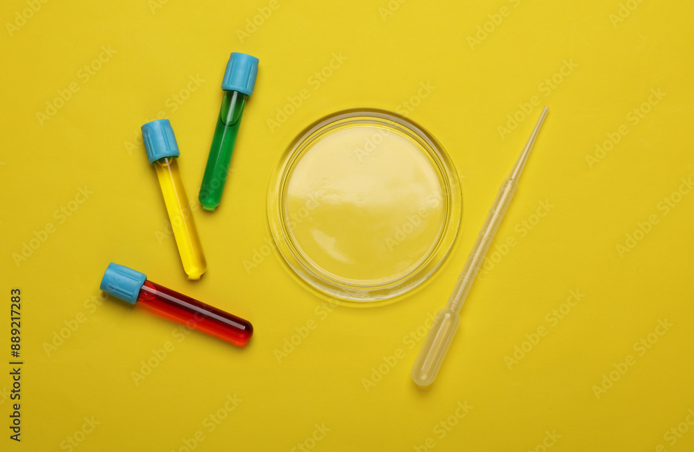 Petri dish with pipette, test tubes on a yellow background. Top view Petri dish with pipette, test tubes on a yellow background. Top view