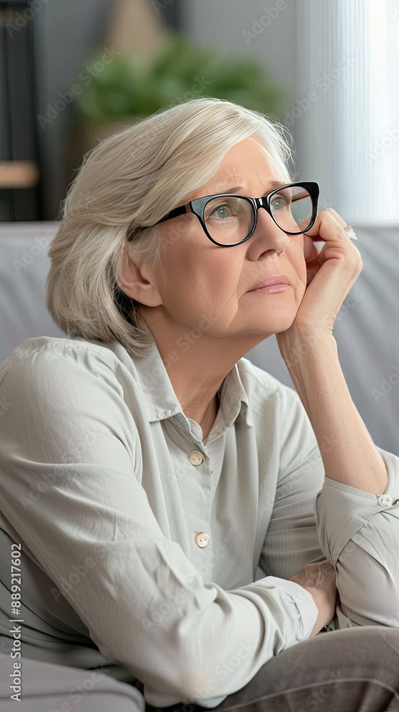 A woman with grey hair wearing glasses and a shirt sits on a white sofa with a thoughtful expression. Her hand rests on a white pillow, while her other hand rests on her lap A woman with grey hair wearing glasses and a shirt sits on a white sofa with a thoughtful expression. Her hand rests on a white pillow, while her other hand rests on her lap