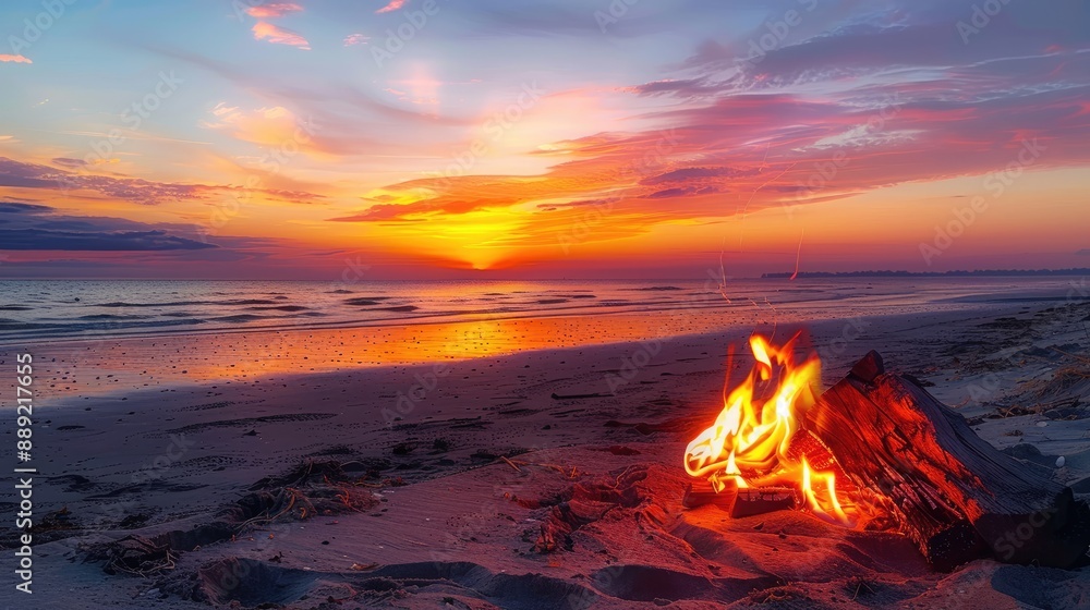 A serene sunset over a beach with a small bonfire burning A serene sunset over a beach with a small bonfire burning