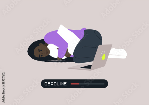 A procrastinating person lies curled up on the floor, hugging a pillow, with a laptop open nearby, A progress bar labeled Deadline shows the time running out