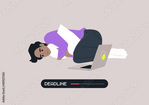 A procrastinating person lies curled up on the floor, hugging a pillow, with a laptop open nearby, A progress bar labeled Deadline shows the time running out