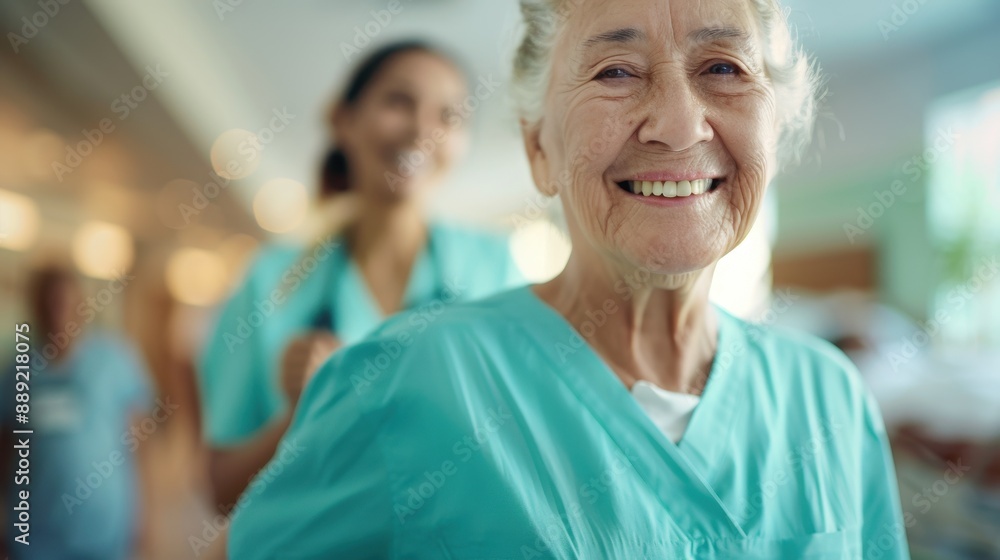 Obraz premium A senior nurse with kind eyes and a warm smile stands in a hospital corridor, emanating compassion and care as another healthcare worker attends to patients.