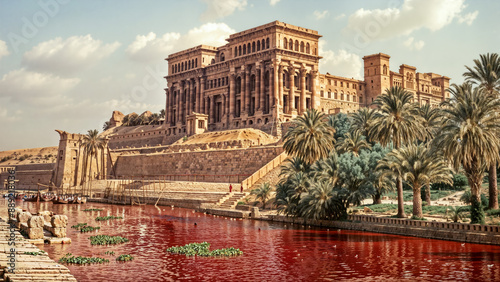 Plagues of Egypt - Ancient Egyptian city with water in Nile river turned into blood. Ornate buildings line riverbanks. Palm trees, cloudy sky. Biblical first plague concept. Dramatic red water.