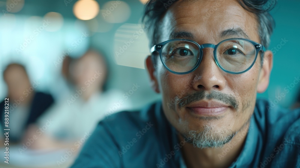 A man in a blue shirt with glasses, displaying a gentle smile and a relaxed demeanor, exudes a sense of tranquility and confidence in an office setting. A man in a blue shirt with glasses, displaying a gentle smile and a relaxed demeanor, exudes a sense of tranquility and confidence in an office setting.