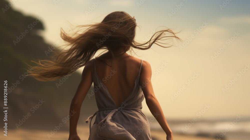 Photograph of a young woman jogging barefoot on a secluded beach, her hair flowing in the wind as she effortlessly strides along the soft sand. Photograph of a young woman jogging barefoot on a secluded beach, her hair flowing in the wind as she effortlessly strides along the soft sand.