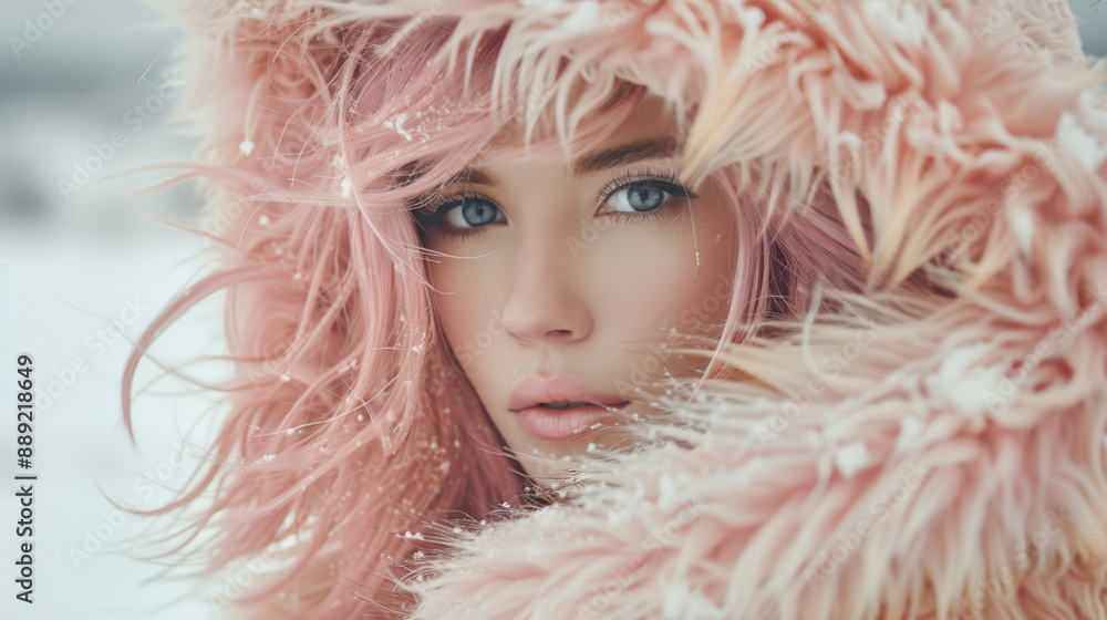 Woman With Pink Hair Wearing a Furry Hoodie in Winter Woman With Pink Hair Wearing a Furry Hoodie in Winter