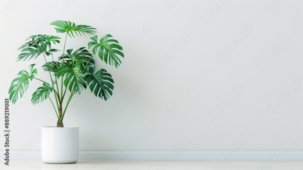 Green monstera plant in a white pot against a plain white wall. Minimalist, indoor plant decor concept.