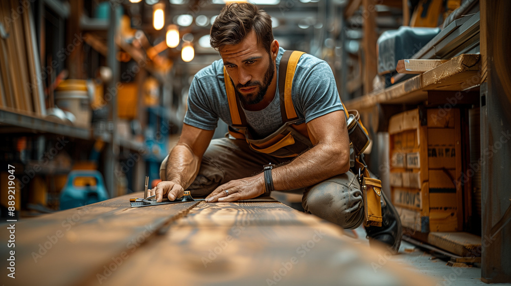 a construction worker with a tool belt, kneeling and measuring a wooden beam, focused and dedicated to his task, Labor Day, worker, tools, with copy space a construction worker with a tool belt, kneeling and measuring a wooden beam, focused and dedicated to his task, Labor Day, worker, tools, with copy space