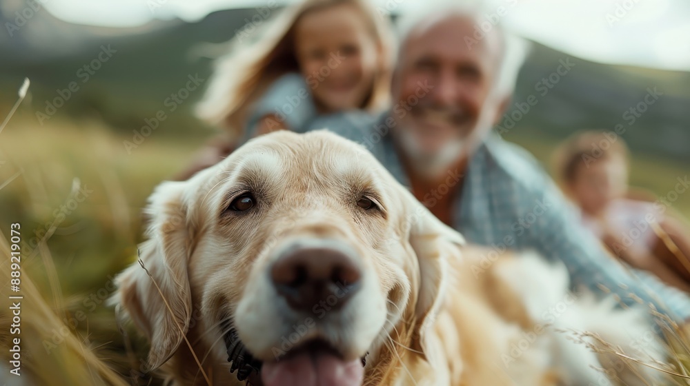 A happy golden retriever dog lies in the grass, with an elderly man and a child in the background, capturing a joyful and family-oriented moment in a field. A happy golden retriever dog lies in the grass, with an elderly man and a child in the background, capturing a joyful and family-oriented moment in a field.