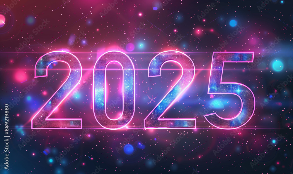 numbers “2025” in bright neon lights at the center surrounded by Christmas decorations numbers “2025” in bright neon lights at the center surrounded by Christmas decorations