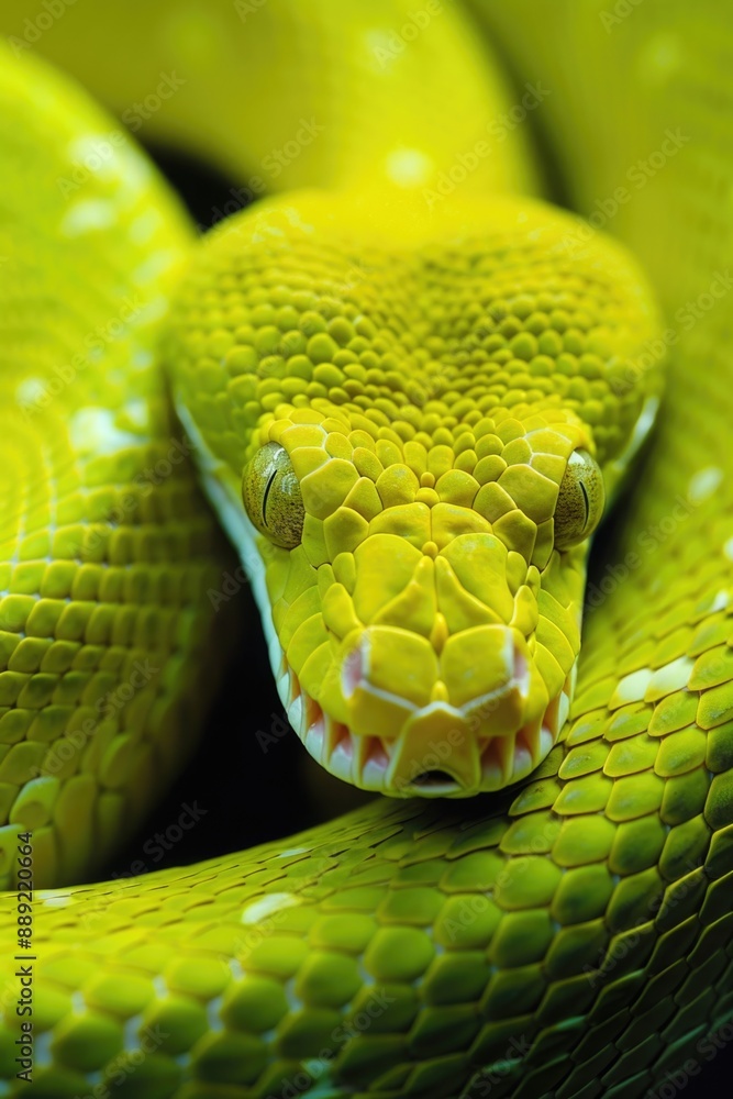 A yellow snake is curled up and looking at the camera A yellow snake is curled up and looking at the camera