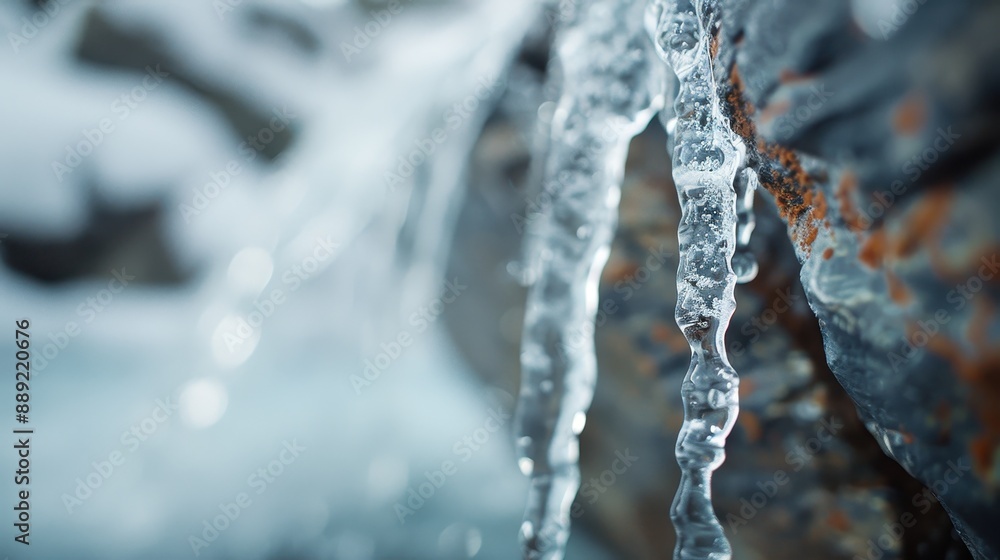 This image captures a detailed close-up of icicles forming on a rock surface, reflecting the pristine beauty of wintertime and the intricate nature of frozen water. This image captures a detailed close-up of icicles forming on a rock surface, reflecting the pristine beauty of wintertime and the intricate nature of frozen water.