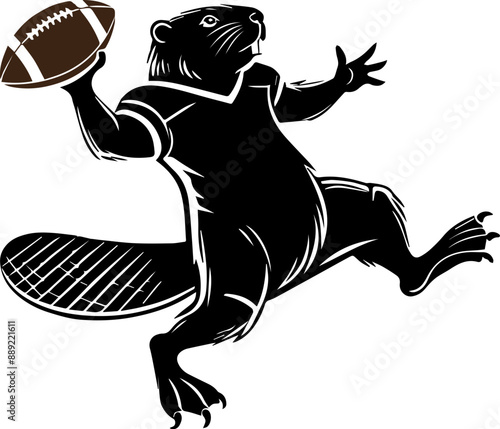 A cartoon beaver wearing a jersey, throws a football with a determined look on its face.