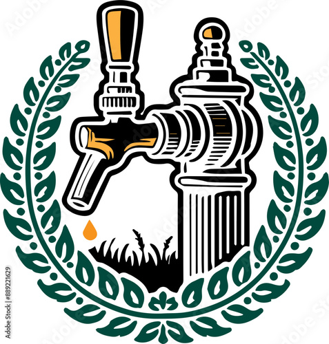 A beer tap with a drip of beer, surrounded by a laurel wreath.  A symbol of craft beer and brewing.