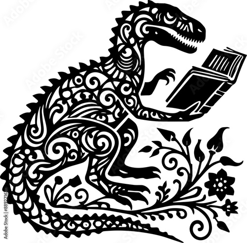 A stylized black and white illustration of a dinosaur reading a book. The dinosaur is surrounded by intricate floral designs.