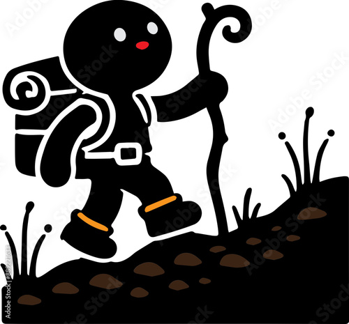 A black and white cartoon hiker with a backpack and walking stick ascends a hill.  The hiker has a determined expression on their face.  The background is a simple landscape with grass and rocks.