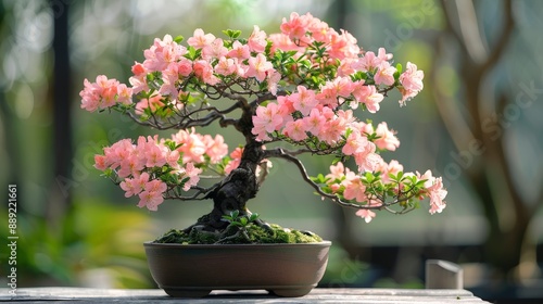 Serene azalea bonsai tree with delicate pink blossoms in a tranquil garden