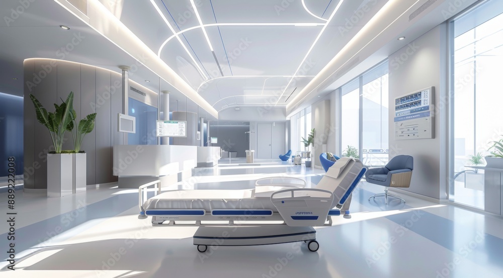 An empty, modern hospital room with medical equipment, a bed, and bright lighting, showcasing cleanliness and advanced healthcare facilities An empty, modern hospital room with medical equipment, a bed, and bright lighting, showcasing cleanliness and advanced healthcare facilities