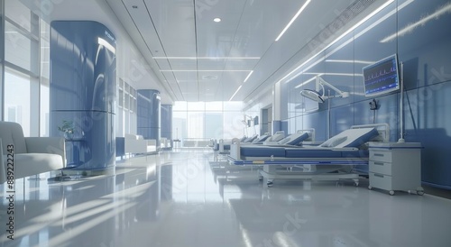 An empty  modern hospital room with medical equipment  a bed  and bright lighting  showcasing cleanliness and advanced healthcare facilities