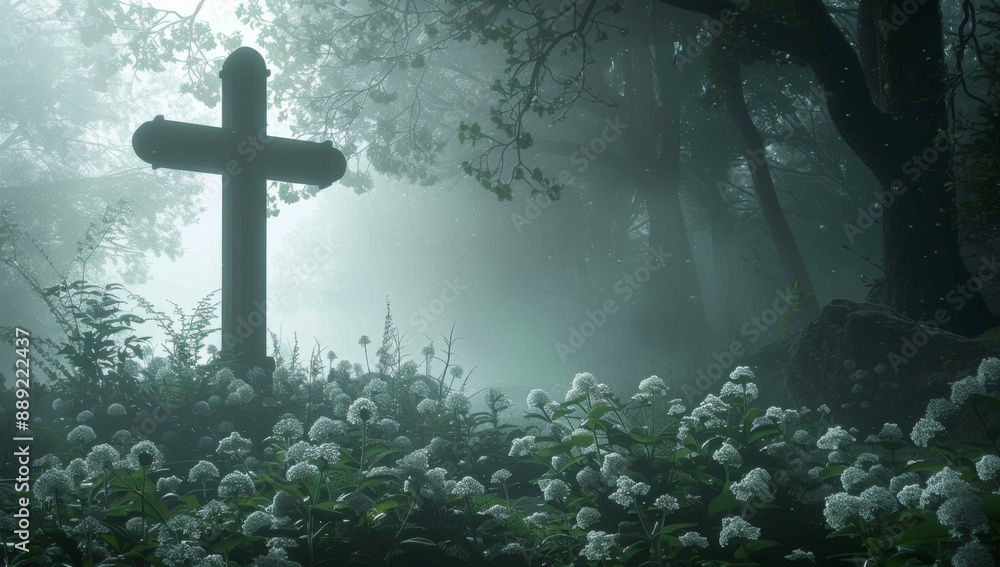 A cross in the middle of an enchanted forest, surrounded by white flowers A cross in the middle of an enchanted forest, surrounded by white flowers
