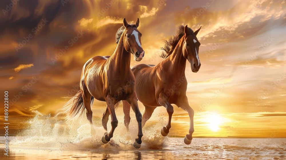 Two beautiful horses galloping at the sunset Two beautiful horses galloping at the sunset