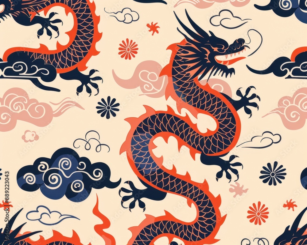 Obraz premium Asianinspired minimal pattern, dragon elements, flat design illustration