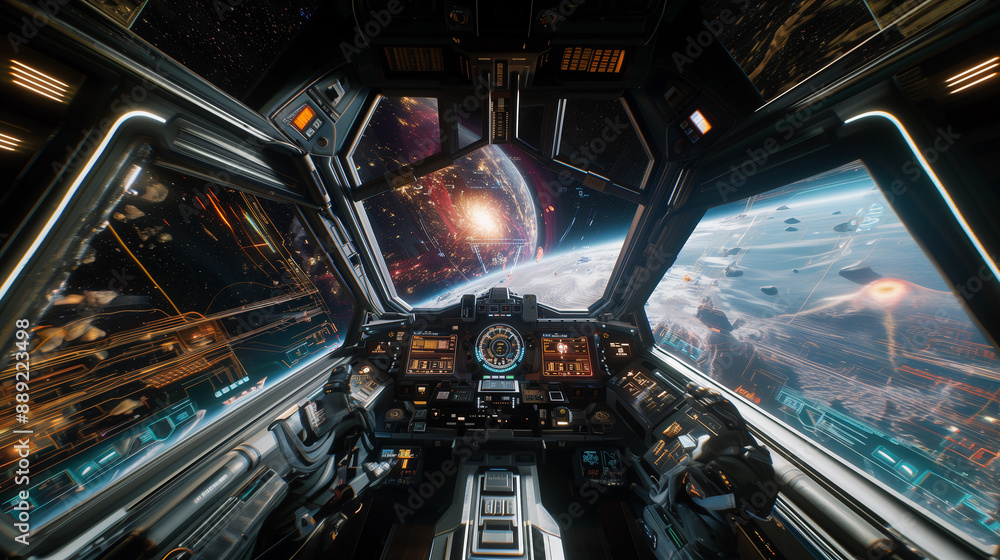 Futuristic Spaceship Cockpit with Stunning Space View Futuristic Spaceship Cockpit with Stunning Space View
