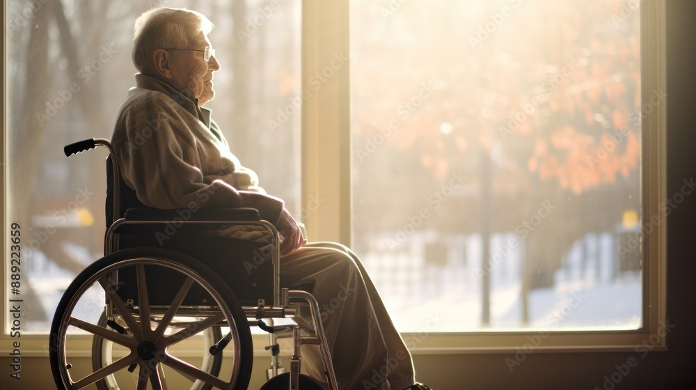 photograph of an elderly patient sitting in a wheelchair in a meadow looking up at birds flying in the sky photograph of an elderly patient sitting in a wheelchair in a meadow looking up at birds flying in the sky