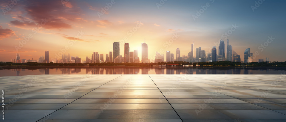 Obraz premium Modern Skyline at Sunset Reflection