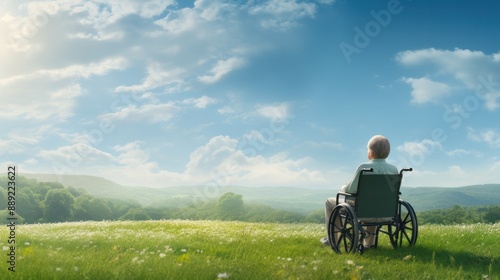 photograph of an elderly patient sitting in a wheelchair in a meadow looking up at birds flying in the sky