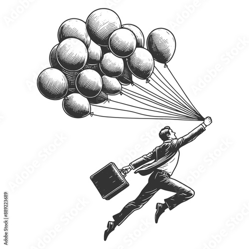 businessman holding onto balloons, flying through the air with a briefcase sketch engraving generative ai fictional character vector illustration. Scratch board imitation. Black and white image.
