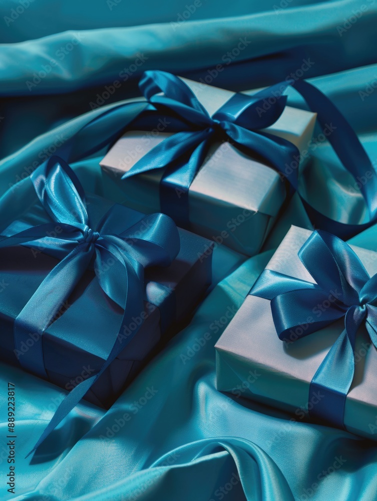 Two gift boxes with blue bows on a bed, perfect for birthday or wedding presents Two gift boxes with blue bows on a bed, perfect for birthday or wedding presents