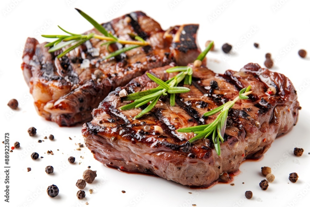 Deliciously grilled steak with spices and herbs on white background. Perfect for food blogs, restaurants, and culinary websites. Ideal for promoting grilled dishes. Generative AI Deliciously grilled steak with spices and herbs on white background. Perfect for food blogs, restaurants, and culinary websites. Ideal for promoting grilled dishes. Generative AI