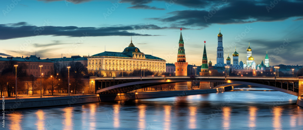 Naklejka premium Moscow Kremlin at Sunset Over River