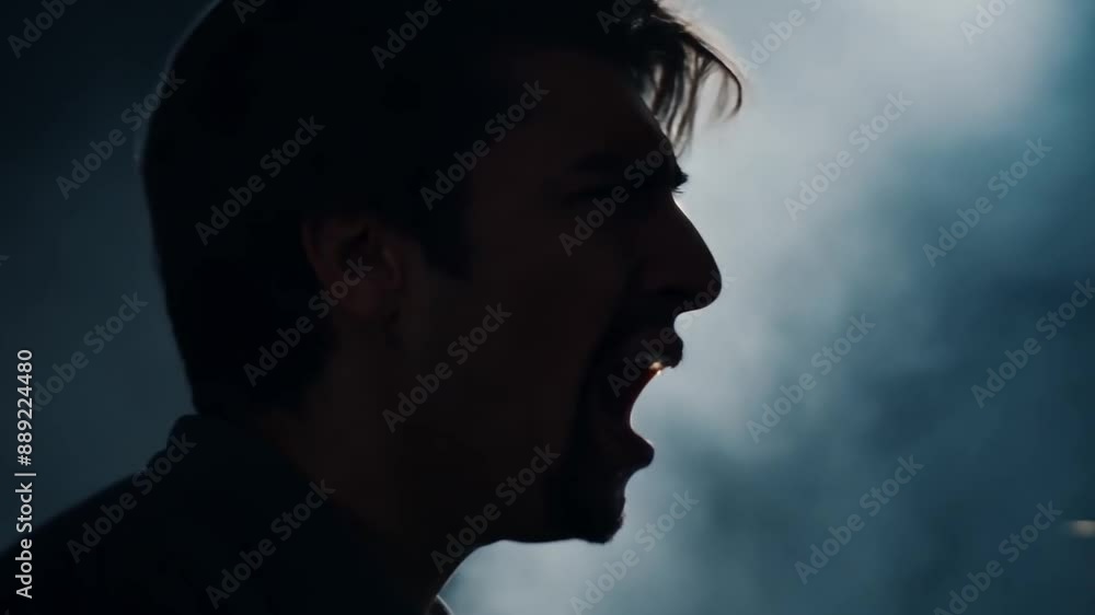 This man yells with his mouth wide open, shrouded in fog. Emotion anger This man yells with his mouth wide open, shrouded in fog. Emotion anger