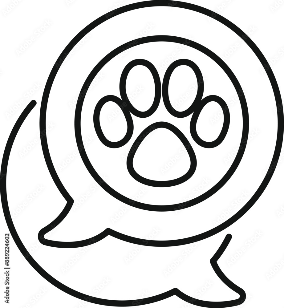 Speech bubble is showing a paw print, representing communication about pets, animals, or veterinary care Speech bubble is showing a paw print, representing communication about pets, animals, or veterinary care