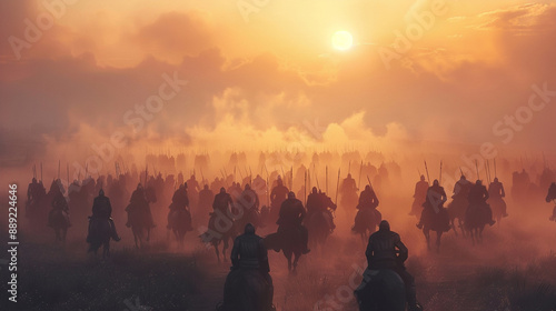 Warriors fight on foggy sunset background in a medieval battle with cavalry and infantry
