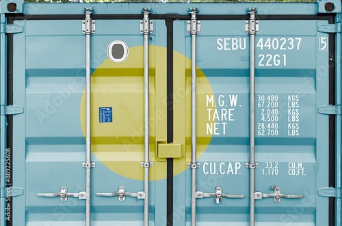 Palau flag depicted on metal doors of shipping cargo container outdoors in docks area close up photo