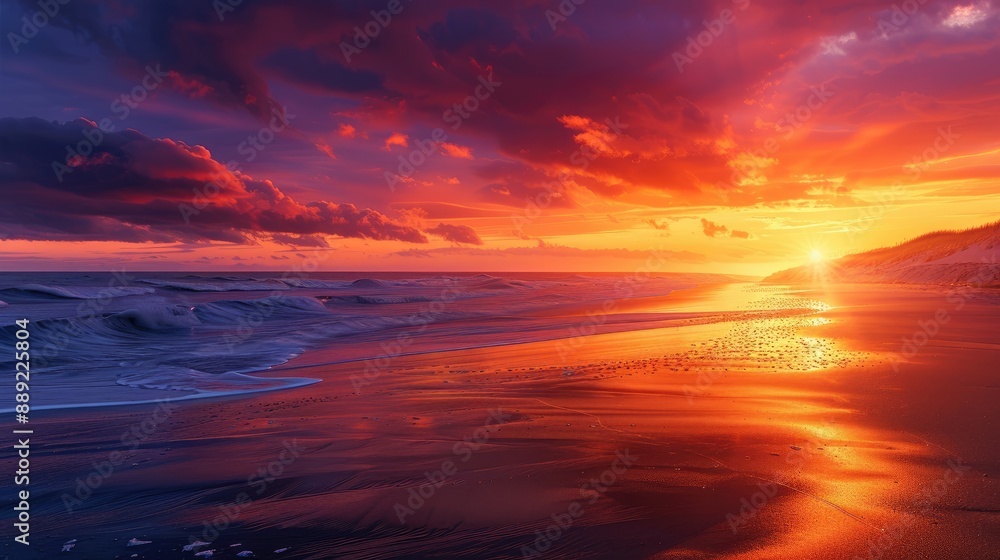 A vibrant sunset over a beach with rolling dunes A vibrant sunset over a beach with rolling dunes