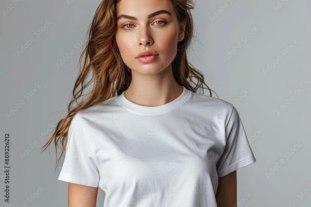 White tshirt mockup on woman model created with Generative AI White tshirt mockup on woman model created with Generative AI