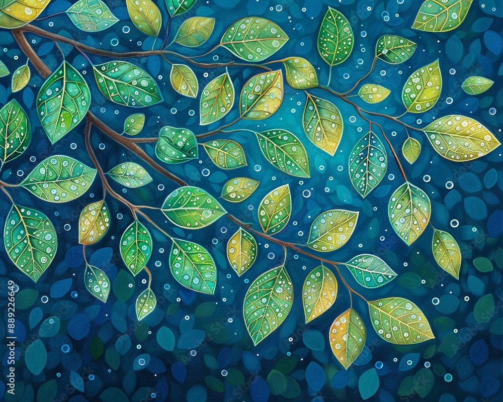 Moonlight reflecting off dewdrops on forest leaves with a blue hue, moonlit dewdrops, delicate and serene Moonlight reflecting off dewdrops on forest leaves with a blue hue, moonlit dewdrops, delicate and serene