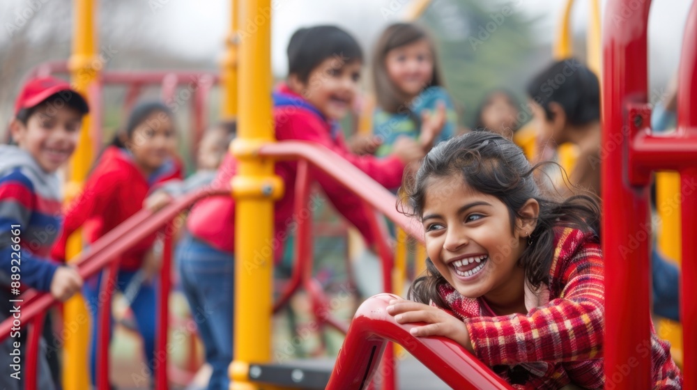 Joyful Children Playing on Playground Equipment at Park Joyful Children Playing on Playground Equipment at Park