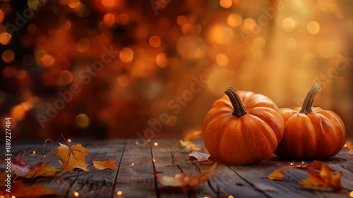 HD video showcasing two pumpkins on a wooden table with bokeh lights and autumn leaves, radiating a warm, cozy fall atmosphere with soft lighting photo