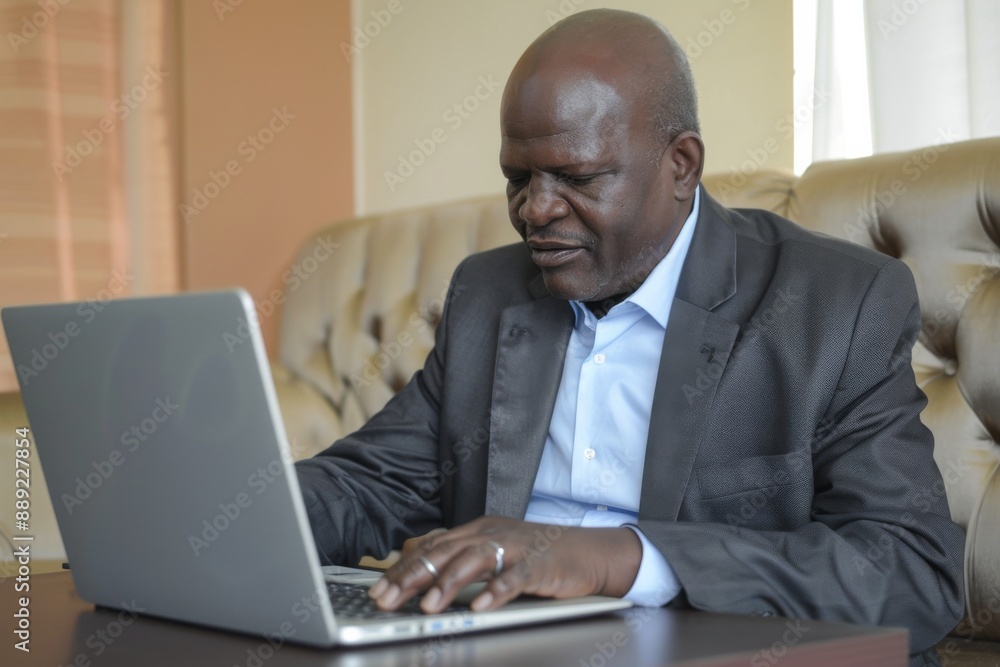 A Mature Businessman Focused on His Laptop in a Comfortable Home Office A Mature Businessman Focused on His Laptop in a Comfortable Home Office