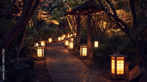 Enchanting Twilight Pathway in Traditional Japanese Garden with Illuminated Lanterns