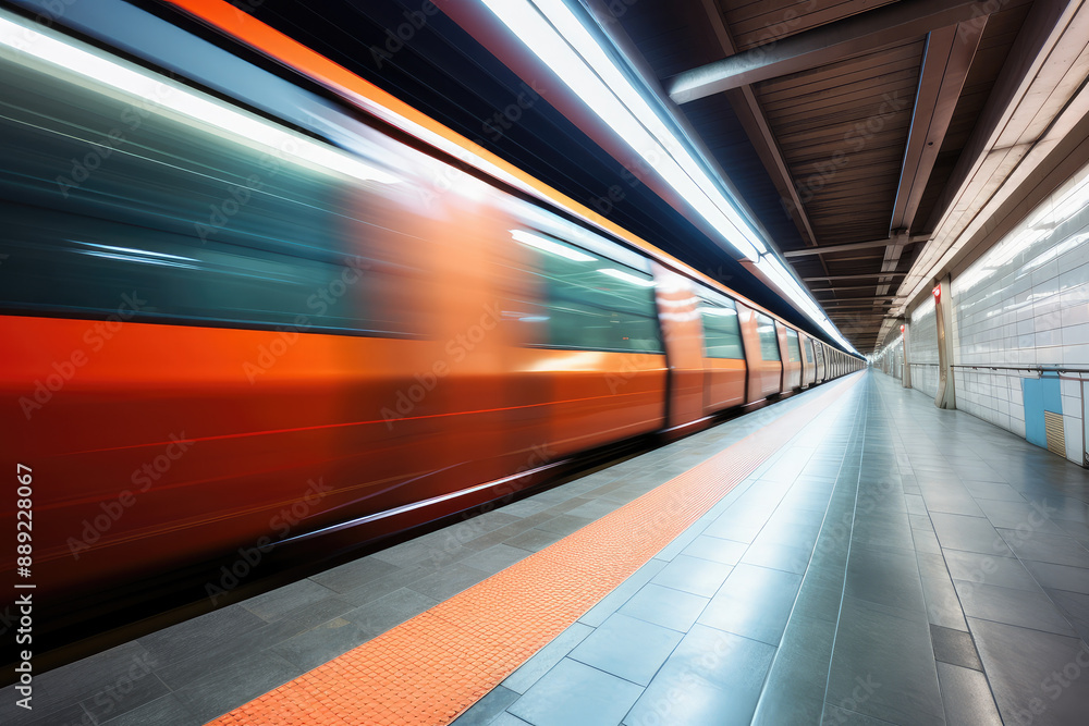 Fototapeta premium Speeding Subway Train in a Modern Urban Station