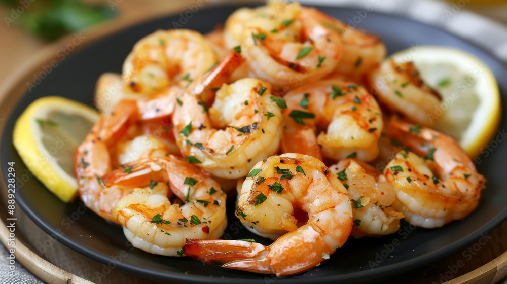 A Plate of Grilled Shrimp With Lemon Wedges and Parsley A Plate of Grilled Shrimp With Lemon Wedges and Parsley