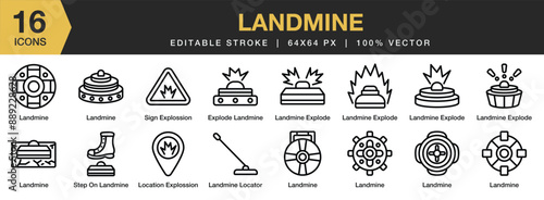 Set of 16 Landmine icon set. Editable Stroke Icon Collection. Includes explode landmine, landmine locator, sign explosion,  and More. Outline icons vector collection.