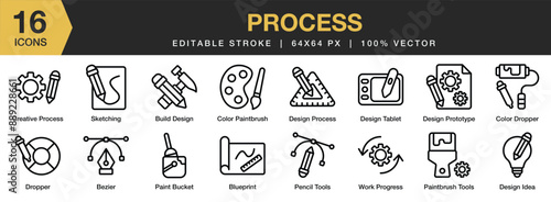 Set of 16 Process icon set. Editable Stroke Icon Collection. Includes bezier, colour dropper, design idea, dropper, pencil tools, and More. Outline icons vector collection.