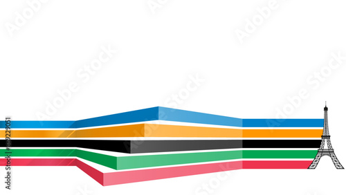 abstract geometric background, five olympic colors parallel lines with Eiffel Tower